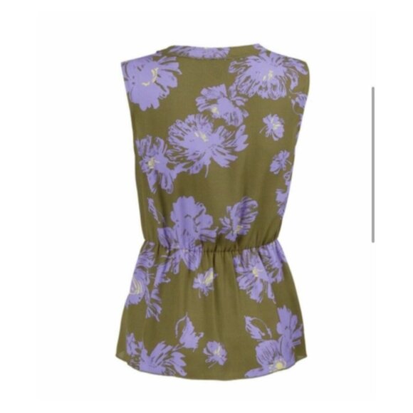 CABI Celebrity Floral Print V-Neck Sleeveless Peplum Top in Olive Green, Lavand - Picture 12 of 13
